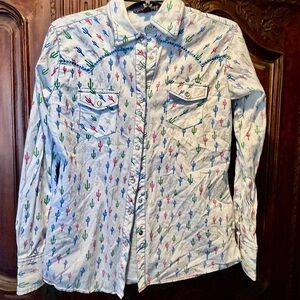 Cowgirl Up multi color Cactus Print Pearl Button Down Shirt